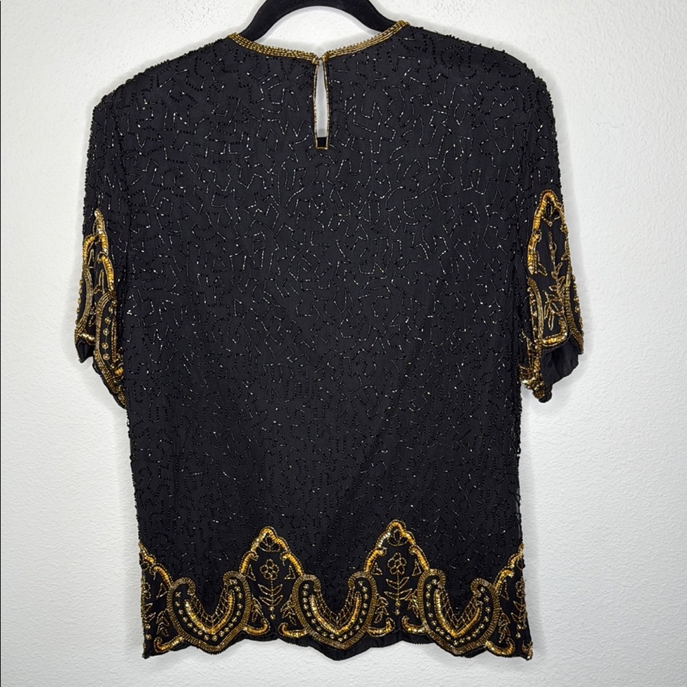 Exclusive Vintage 80’s Black and Gold Beaded 100% Silk Women's Top Size Small - Picture 2 of 12